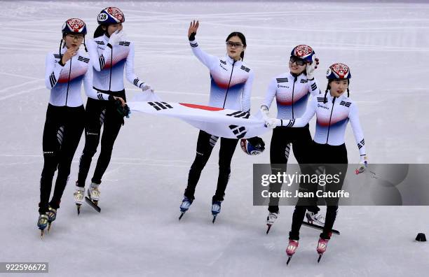 Sukhee Shim, Minjeong Choi, Yejin Kim, Alang Kim and Yubin Lee of South Korea celebrate their victory in Short Track Speed Skating Ladies 3000m Relay...