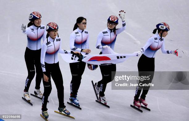 Sukhee Shim, Minjeong Choi, Yejin Kim, Alang Kim and Yubin Lee of South Korea celebrate their victory in Short Track Speed Skating Ladies 3000m Relay...