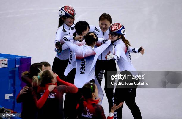 Sukhee Shim, Minjeong Choi, Yejin Kim, Alang Kim and Yubin Lee of South Korea celebrate their victory as Marianne St Gelais, Kim Boutin, Valerie...