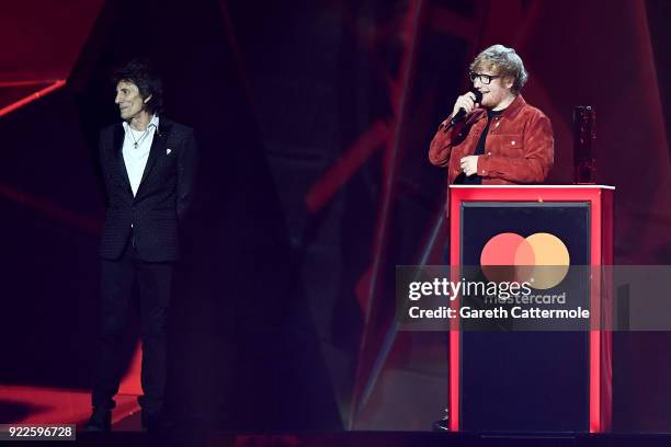 Ronnie Wood presentes Ed Sheeran with the winner of the Global Success Award, on stage at The BRIT Awards 2018 held at The O2 Arena on February 21,...