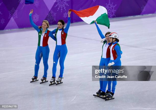 Arianna Fontana, Lucia Peretti, Cecilia Maffei and Martina Valcepina of Italy celebrate their silver medal in Short Track Speed Skating Ladies 3000m...