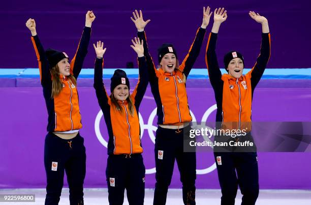 Suzanne Schulting, Yara van Kerkhof, Lara van Ruijven and Jorien Ter Mors of Netherlands celebrate their bronze medal in Short Track Speed Skating...