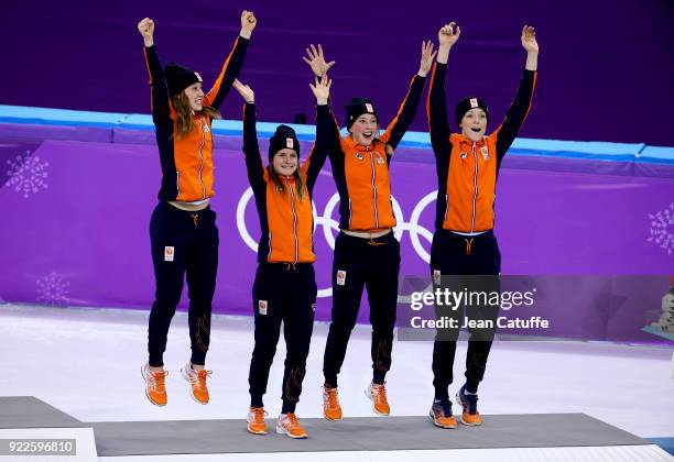 Suzanne Schulting, Yara van Kerkhof, Lara van Ruijven and Jorien Ter Mors of Netherlands celebrate their bronze medal in Short Track Speed Skating...