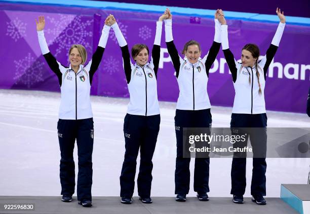 Arianna Fontana, Lucia Peretti, Cecilia Maffei and Martina Valcepina of Italy celebrate their silver medal in Short Track Speed Skating Ladies 3000m...