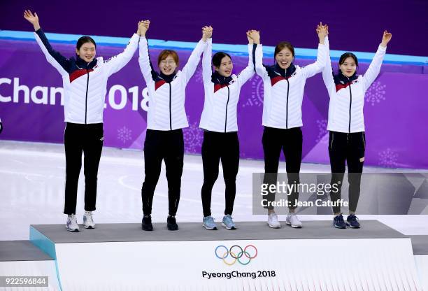 Sukhee Shim, Minjeong Choi, Yejin Kim, Alang Kim and Yubin Lee of South Korea celebrate their Gold medal in Short Track Speed Skating Ladies 3000m...