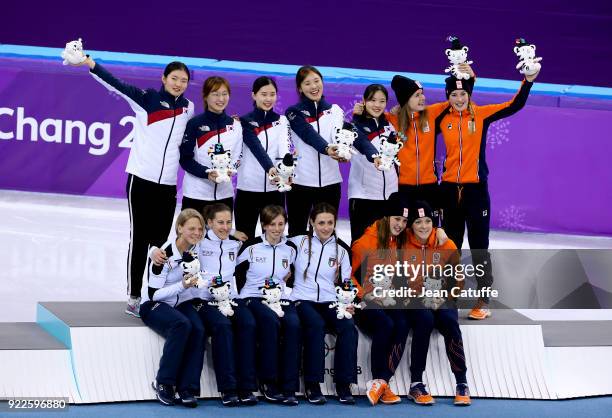 Gold medalists Sukhee Shim, Minjeong Choi, Yejin Kim, Alang Kim and Yubin Lee of South Korea, Silver medalists Arianna Fontana, Lucia Peretti,...