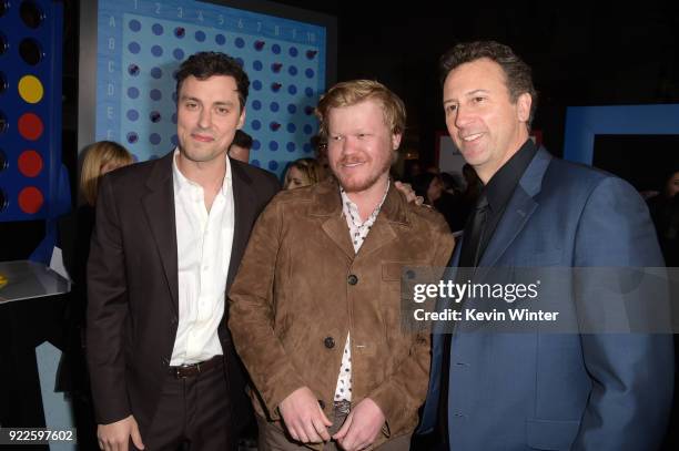 John Francis Daley, Jesse Plemons and Jonathan Goldstein attend the premiere of New Line Cinema and Warner Bros. Pictures' "Game Night" at TCL...