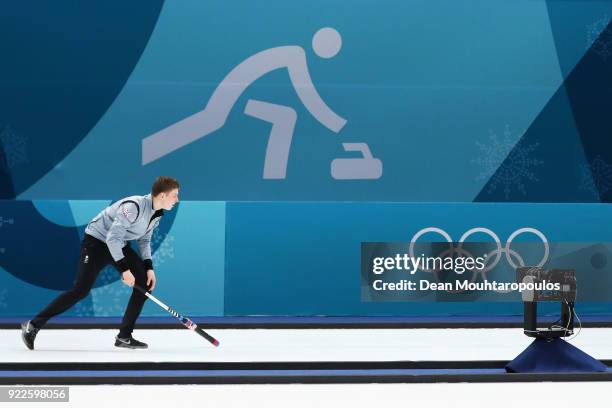 Thomas Muirhead of Great Britain competes in the Curling Men's Tie-breaker against Switzerland on day thirteen of the PyeongChang 2018 Winter Olympic...