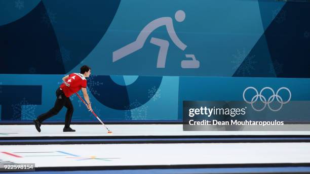 Benoit Schwarz of Switzerland competes in the Curling Men's Tie-breaker against Great Britain on day thirteen of the PyeongChang 2018 Winter Olympic...