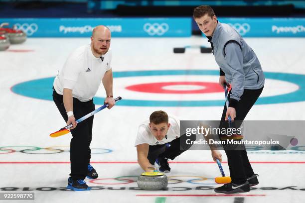 Thomas Muirhead, Cameron Smith and Kyle Waddell of Great Britain compete in the Curling Men's Tie-breaker against Switzerland on day thirteen of the...