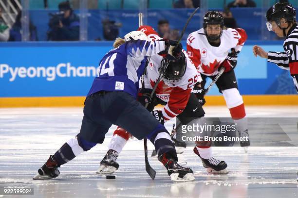 Marie-Philip Poulin of Canada and Brianna Decker of the United States battle for the opening face-off to start the Women's Gold Medal Game on day...