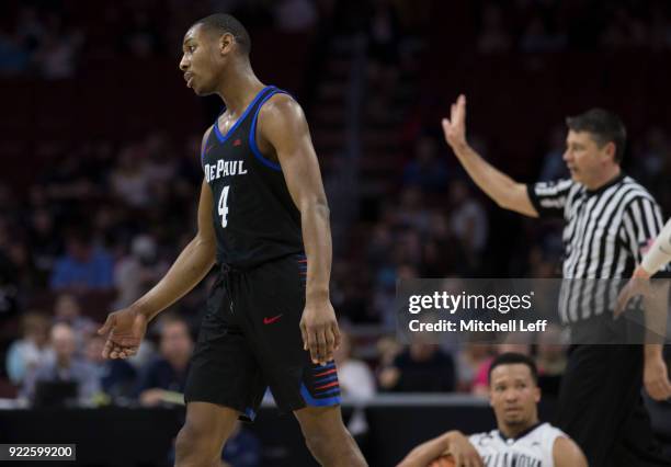 Brandon Cyrus of the DePaul Blue Demons reacts after fouling Jalen Brunson of the Villanova Wildcats in the second half at the Wells Fargo Center on...