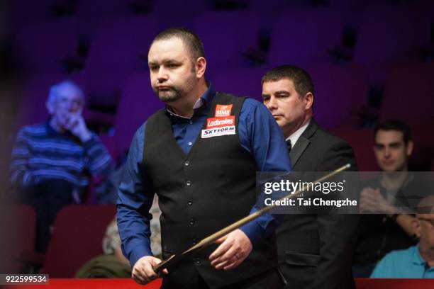 Stephen Maguire of Scotland reacts during his second round match against Michael Georgiou of Cyprus on day three of 2018 Ladbrokes World Grand Prix...