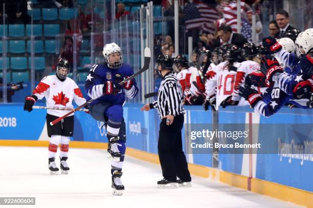 Hilary Knight of the United States celebrates after scoring a power play goal against Canada in the first period during the Women's Gold Medal Game...