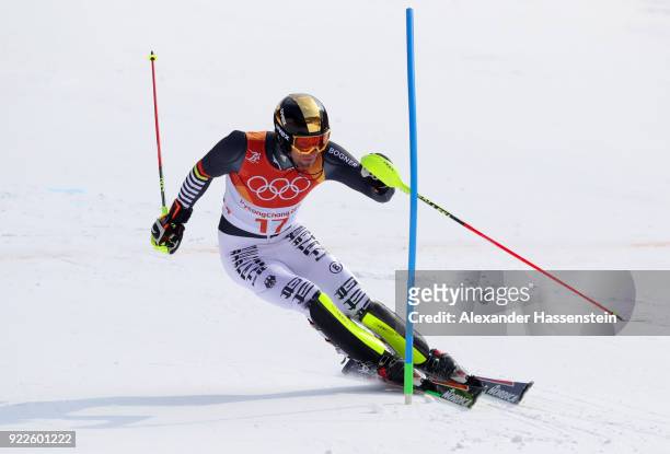 Fritz Dopfer of Germany competes during the Men's Slalom on day 13 of the PyeongChang 2018 Winter Olympic Games at Yongpyong Alpine Centre on...