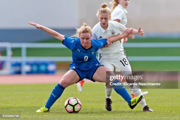 Sophie Krall of Girls Germany U16 challenges Giorgia Marchiori of Girls Italy U16 during UEFA Development Tournament match between U16 Girls Germany...