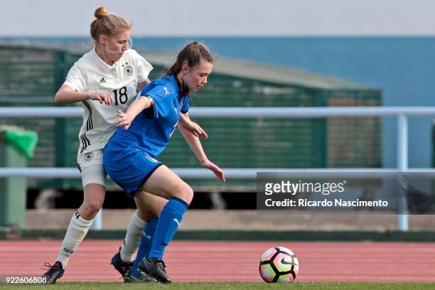 Sophie Krall of Girls Germany U16 challenges Anna Catelli of Girls Italy U16 during UEFA Development Tournament match between U16 Girls Germany and...