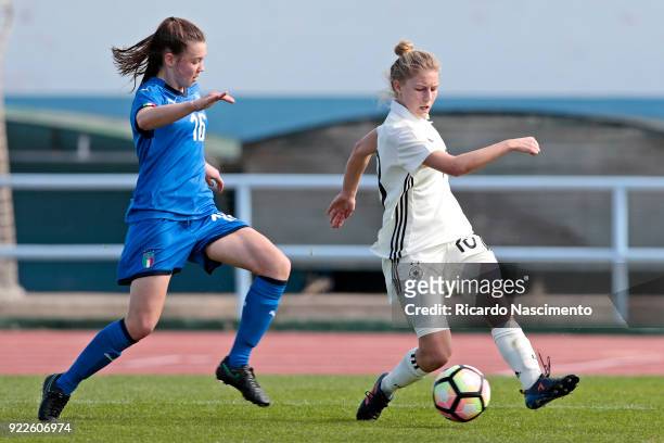 Sophie Krall of Girls Germany U16 challenges Anna Catelli of Girls Italy U16 during UEFA Development Tournament match between U16 Girls Germany and...