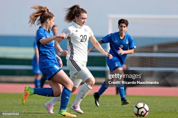 Sophie Weidauer of Girls Germany U16 challenges Emma Severini of Girls Italy U16 during UEFA Development Tournament match between U16 Girls Germany...