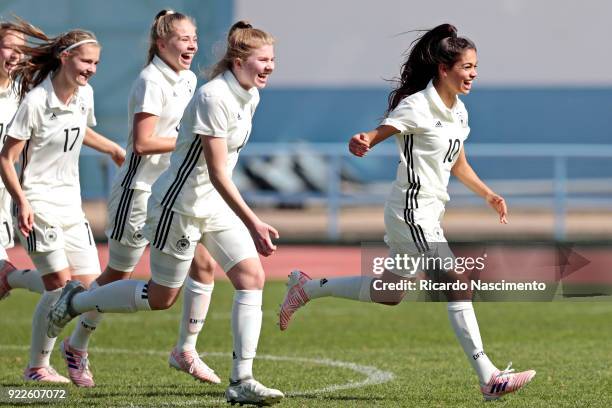 Players of Girls Germany U16 Bente Fischer, Kim-Sophie Baade, Lina Vianden, Sonja Merazguia celebrate their vitory at the end of the final penalties...