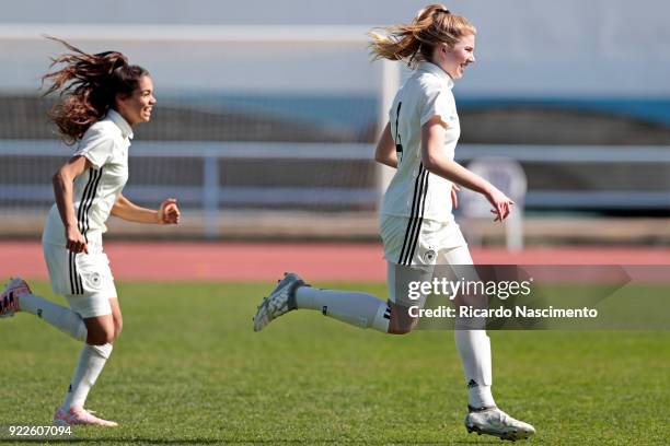Players of Girls Germany U16 Sonja Merazguia and Lina Vianden celebrate their vitory at the end of the final penalties during UEFA Development...