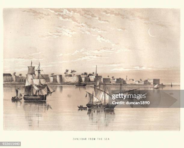 view of zanzibar city, 19th century - zanzibar stock illustrations