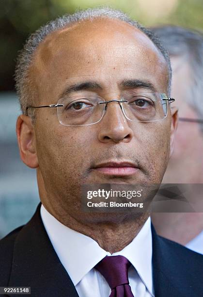 Bill Thompson, New York City comptroller and candidate for New York City Mayor. Speaks during a news conference in the Stuyvesant Town-Peter Cooper...