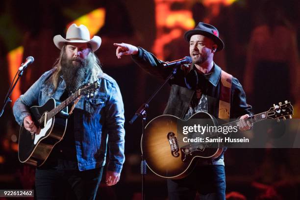 Justin Timberlake and Chris Stapleton perform at The BRIT Awards 2018 held at The O2 Arena on February 21, 2018 in London, England.