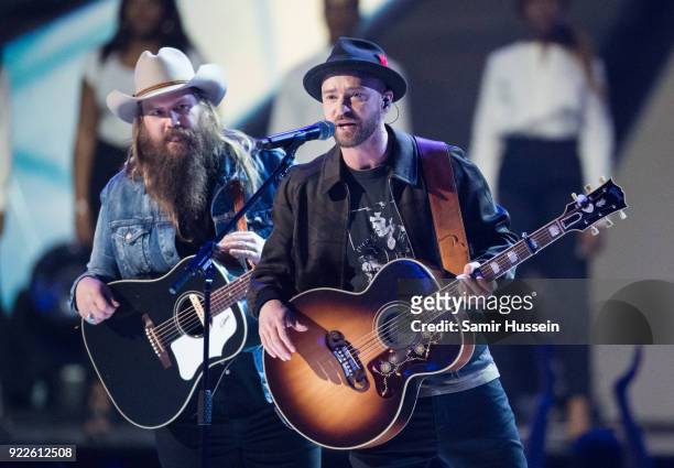 Justin Timberlake and Chris Stapleton perform at The BRIT Awards 2018 held at The O2 Arena on February 21, 2018 in London, England.