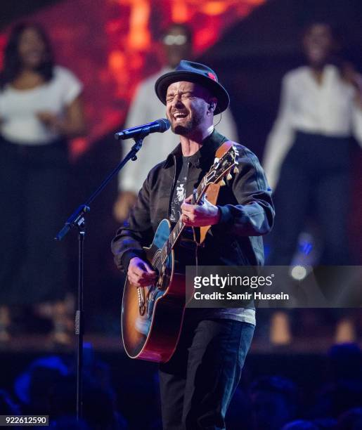 Justin Timberlake performs at The BRIT Awards 2018 held at The O2 Arena on February 21, 2018 in London, England.