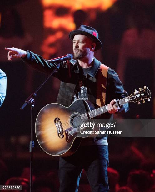 Justin Timberlake performs at The BRIT Awards 2018 held at The O2 Arena on February 21, 2018 in London, England.