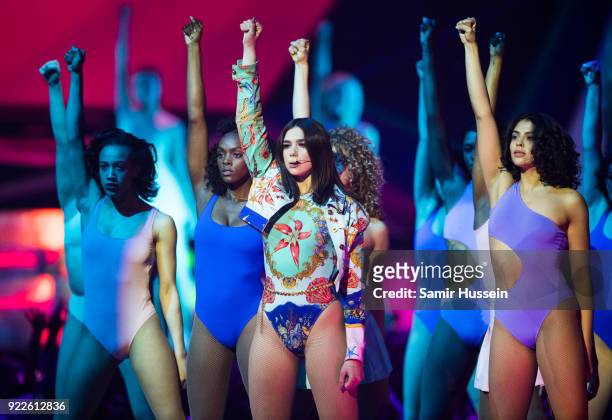 Dua Lipa performs at The BRIT Awards 2018 held at The O2 Arena on February 21, 2018 in London, England.