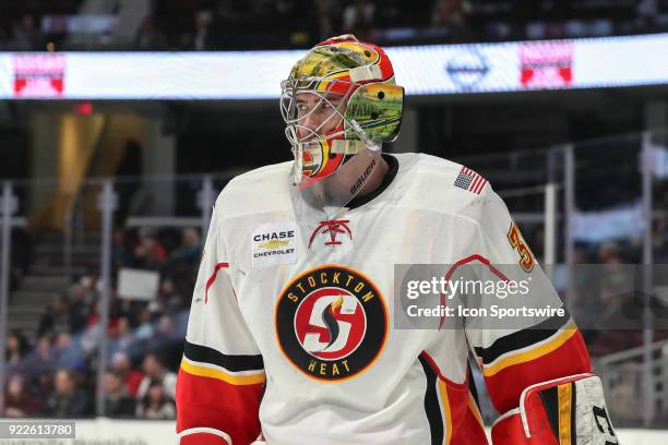 Stockton Heat goalie Mason McDonald on the ice during the second period of the American Hockey League game between the Stockton Heat and Cleveland...