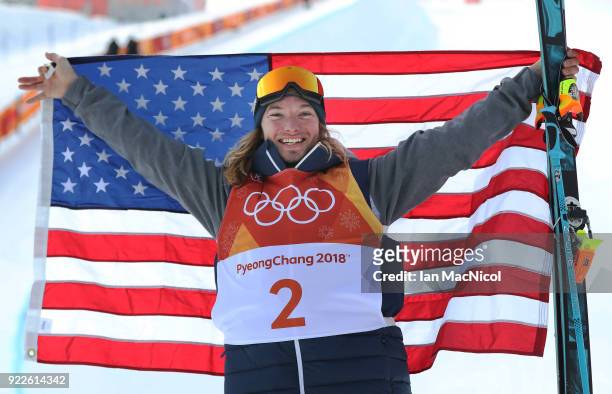 David Wise of United States poses for photographs after he wins Gold in the Men's Ski Halfpipe at Phoenix Snow Park on February 22, 2018 in...