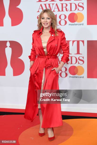 Kylie Minogue attends The BRIT Awards 2018 held at The O2 Arena on February 21, 2018 in London, England.