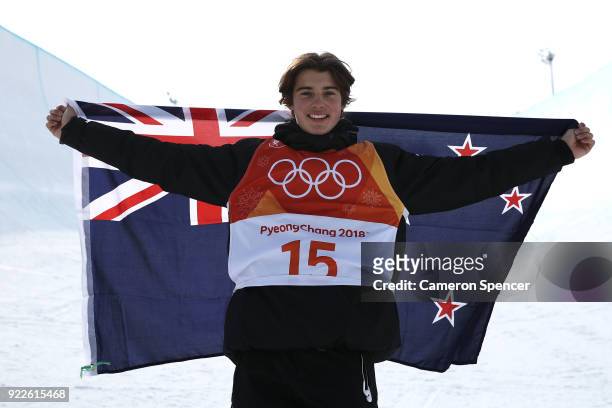 Bronze medalist Nico Porteous of New Zealand poses after the Freestyle Skiing Men's Ski Halfpipe Final on day thirteen of the PyeongChang 2018 Winter...