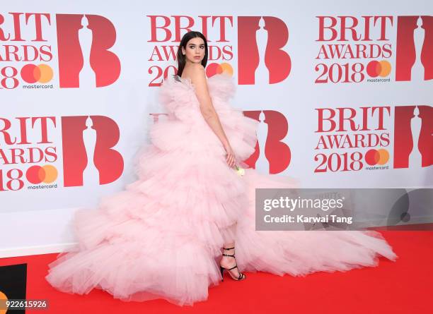 Dua Lipa attends The BRIT Awards 2018 held at The O2 Arena on February 21, 2018 in London, England.