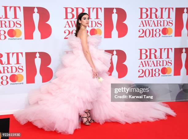 Dua Lipa attends The BRIT Awards 2018 held at The O2 Arena on February 21, 2018 in London, England.