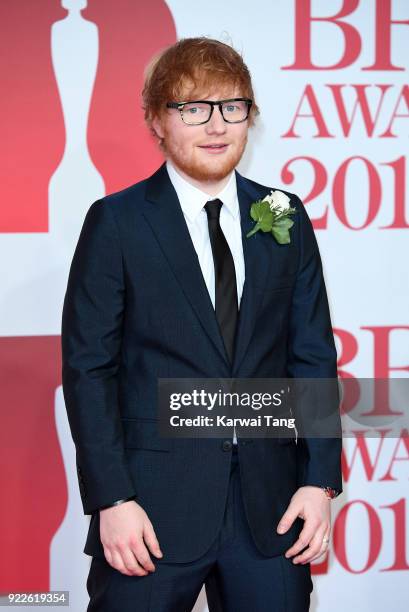 Ed Sheeran attends The BRIT Awards 2018 held at The O2 Arena on February 21, 2018 in London, England.