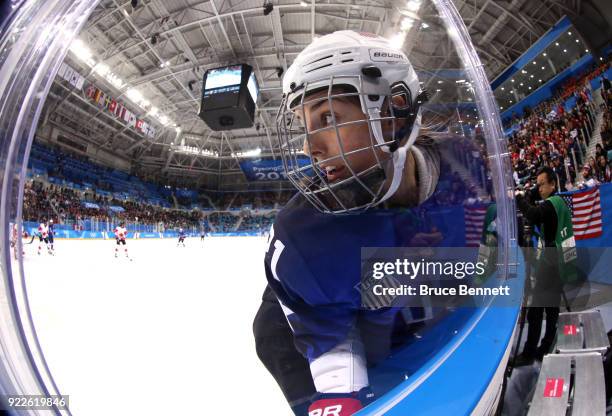 Hilary Knight of the United States skates along the boards in the second period against Canada during the Women's Gold Medal Game on day thirteen of...