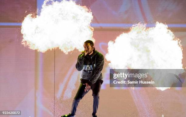Kendrick Lamar performs at The BRIT Awards 2018 held at The O2 Arena on February 21, 2018 in London, England.