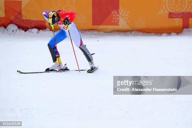 Victor Muffat-Jeandet of France reacts at the finish during the Men's Slalom on day 13 of the PyeongChang 2018 Winter Olympic Games at Yongpyong...