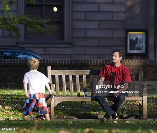 Pitcher Jamie Moyer of the 2009 NLCS Champion Philadelphia Phillies was seen playing catch with his son at Washington Square Park on October 22, 2009...