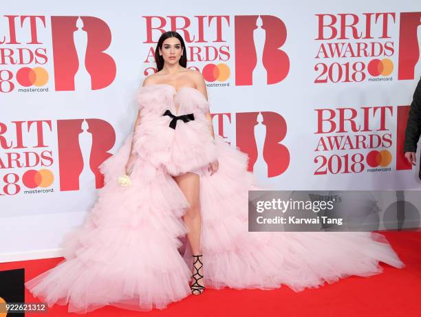 Dua Lipa attends The BRIT Awards 2018 held at The O2 Arena on February 21, 2018 in London, England.