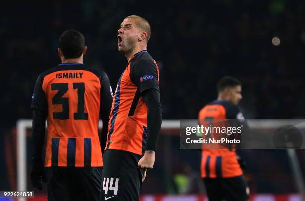 Shakhtar's Yaroslav Rakitskiy celebrates his victory over Roma's at the end of the match of the Eight-Finals finals of the Champions League between...