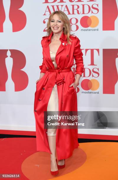 Kylie Minogue attends The BRIT Awards 2018 held at The O2 Arena on February 21, 2018 in London, England.