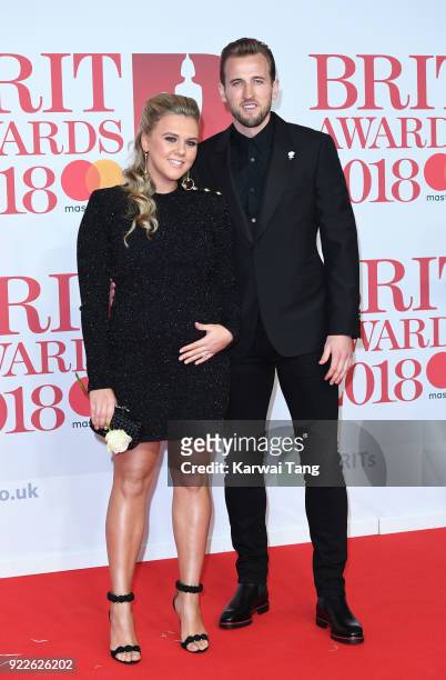 Harry Kane and Katie Goodland attend The BRIT Awards 2018 held at The O2 Arena on February 21, 2018 in London, England.