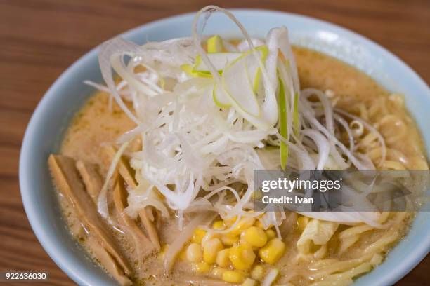 traditional japanese food, green onion and corn miso ramen - miso ramen stock pictures, royalty-free photos & images