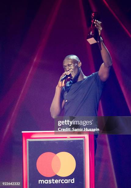 Stormzy, winner of British Album Of The Year on stage at The BRIT Awards 2018 held at The O2 Arena on February 21, 2018 in London, England.