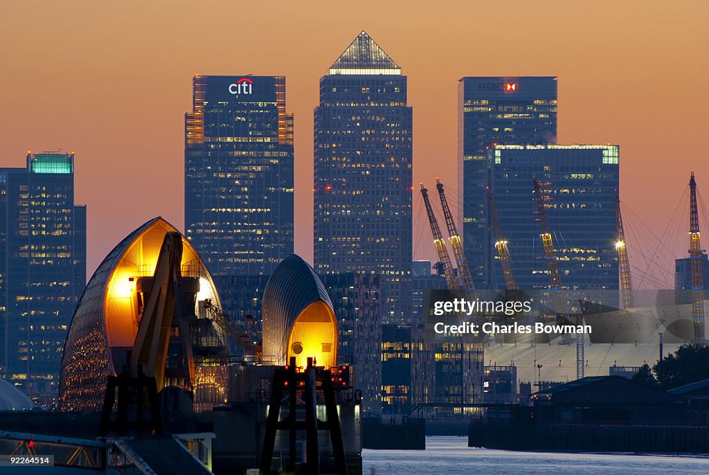 Canary Wharf and Thames Barrier.